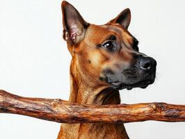 Belgian Malinois is engaged in chewing on bone showcasing its focused expression against clean white backdrop highlighting its sleek features and strong build photo