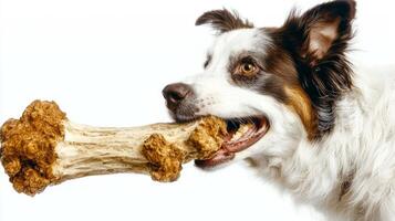 curious Border Collie enjoys chewing on large bone showcasing its playful nature and focus. clean white backdrop highlights dog's vibrant fur and playful expression photo