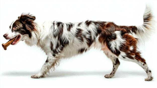 animado frontera collie es comprometido en masticación hueso exhibiendo sus juguetón naturaleza. perros piel marcado único patrones soportes fuera en contra limpiar brillante fondo foto