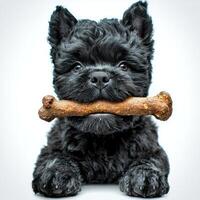 Side view of Bouvier des Flandres happily chewing on bone against clean white background showcasing its texture and playful demeanor. moment captures dog's lively spirit photo