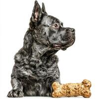 Bouvier des Flandres is captured in side view chewing on bone focused expression. clean white background emphasizes dog's features and activity photo