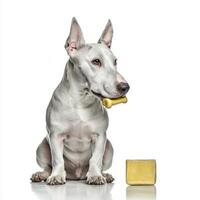 playful Bull Terrier is captured in profile happily chewing on yellow bone against spotless white background conveying joy and engagement in moment photo