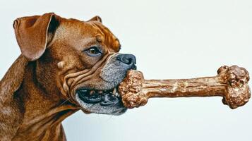 Boxer dog is seen from side deeply engaged in chewing on large bone. clean white background highlights dog's rich coat and focused expression capturing moment of joy photo