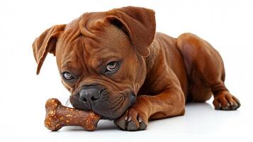 Boxer is seen chewing on bone focused expression. pet is in controlled environment clean white background emphasizing its features and playful demeanor photo