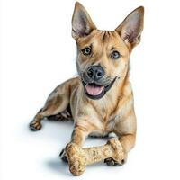 Canaan Dog is seen from side happily chewing on bone. Its coat is well groomed and its ears perk up highlighting its playful demeanor. clean white background enhances dog's features photo