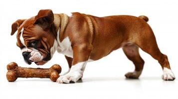 bulldog is focused on chewing bone while standing on spotless white surface. dog's features are clear and detailed highlighting its playful nature and enjoyment of bone photo