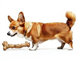 Cardigan Welsh Corgi is engaged bone chewing happily in spotless setting. Its playful demeanor highlights dog's cheerful nature and love for toys photo