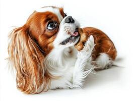 charming Cavalier King Charles Spaniel enjoys chewing on bone showcasing its playful demeanor against bright white background. scene captures dog's joy and curiosity photo