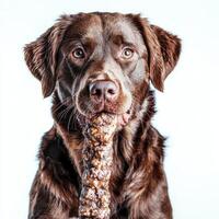 Chesapeake Bay Retriever is happily chewing on large bone against clean white background showcasing its strong features and playful nature in dedicated moment of enjoyment photo