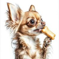 Chihuahua is happily chewing on bone while sitting gracefully against clean white backdrop. Its expressive eyes and fluffy fur create charming portrait of beloved breed photo