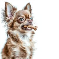 Chihuahua enjoys chewing on bone while posing in side view against clean white background. Its lively expression and delightful fur add charm experience photo