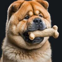 Chow Chow chews on large bone focused expression showcasing its fluffy coat and distinctive face against clean white background. moment captures pure joy photo