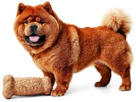 fluffy Chow Chow is engaged in chewing bone while standing on clean white background. Its distinctive coat and tail add charm as it enjoys its treat photo