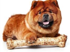 fluffy Chow Chow is happily chewing on large bone. dog has striking golden brown coat and broad face captured from side against clean white background photo