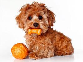 Cockapoo sits excitement chewing on vibrant orange bone while soft toy ball rests nearby. charming dog displays playful demeanor against plain backdrop photo