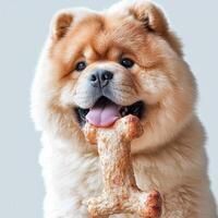 Chow Chow is joyfully chewing on large bone. Its fluffy fur and playful demeanor create cheerful atmosphere against clean white background photo
