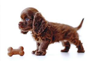 chocolate Cocker Spaniel is focused on chewing bone while standing on clean white surface. dog showcases its playful nature in hyper realistic setting photo