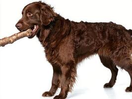 Curly Coated Retriever is happily chewing on bone showcasing its curly fur and strong build. clean white background highlights dog's features and playful demeanor photo