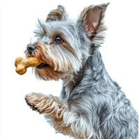 Dandie Dinmont Terrier is caught in joyful moment chewing on tasty bone. focus is on its expressive features and fluffy coat illuminated bright background photo