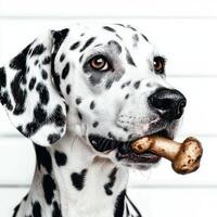 Dalmatian is depicted in side view while chewing on bone against pristine white background showcasing its distinctive spotted coat and playful nature photo