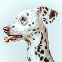 dalmatian is energetically chewing on bone showcasing its unique coat of black spots on bright white background. focus emphasizes dog's well defined features during playful moment photo