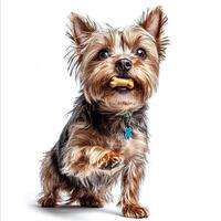 Dandie Dinmont Terrier happily chews bone from playful position showcasing its vibrant personality and detailed fur against pristine white background photo