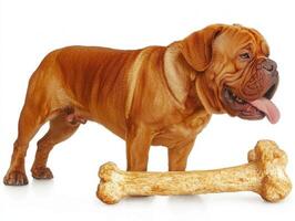 dogue de bordeaux chews on large bone clean white background. dog shows its strong physique and playful nature in captivating side view photo