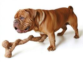 Dogue de Bordeaux is seen from side happily chewing on large bone. clean white background emphasizes dog's muscular build and shiny coat creating vibrant and lively atmosphere photo