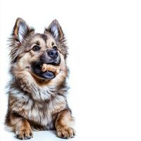 Finnish Lapphund chews delightfully on bone while lying in side view position. clean white background enhances focus on joyful activity photo