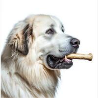 Great Pyrenees is happily chewing on bone showcasing its strong and fluffy coat. simple white background draws attention dog's focused expression and playful demeanor photo