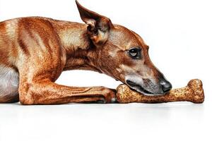 greyhound lies on clean white surface intently chewing on bone highlighting its graceful features and playful nature in minimalist environment photo