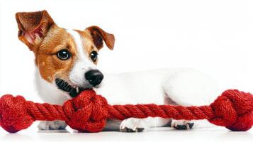 playful Jack Russell Terrier is engaged in chewing red rope toy while lying on clean white surface. scene captures dog's energy and focus during playtime photo