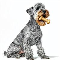 Kerry Blue Terrier is engaged in chewing on bone while sitting on clean white surface. dog has beautiful gray coat and appears focused on its treat photo