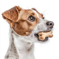 playful Jack Russell Terrier holds bone in its mouth. dog's focus is clear as it enjoys its treat in bright and clean environment showcasing its happy expression and playful demeanor photo