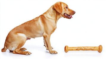 Labrador Retriever enjoys chewing on bone showcasing its playful nature and loyalty. dog is set against clean white backdrop emphasizing its vibrant coat color and joyful expression photo