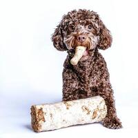 Lagotto Romagnolo is happily chewing on bone while sitting side view. clean white background highlights dog's curly fur and joyful expression photo