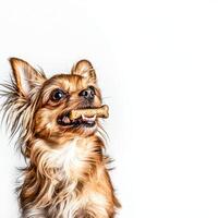 Lwchen is happily chewing on bone showcasing its fluffy golden brown fur and playful demeanor against bright clean background enhances its features photo