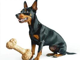 Manchester Terrier is caught in profile while happily chewing bone. setting is bright and clean emphasizing dog's sleek coat and playful demeanor photo