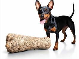 Manchester Terrier happily chews on large bone while standing on clean white surface. dog's sleek black and tan coat shines capturing its playful spirit photo