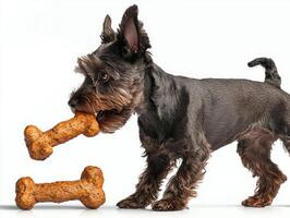 Miniature Schnauzer chews on tasty bone displaying its playful nature. clean white background highlights dog's fur and expression capturing lively moment photo