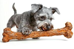 Miniature Schnauzer engages playfully large bone showcasing its fluffy coat and lively expression. white background enhances dog's focus on chew toy photo
