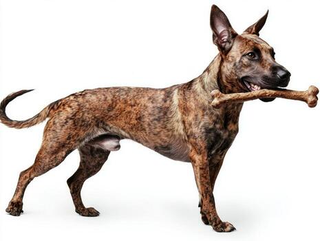 conspirar sabueso en lado ver es vigorosamente masticación en hueso en contra limpiar blanco antecedentes. sus juguetón comportamiento y sorprendentes Saco patrones son claramente destacado en momento foto