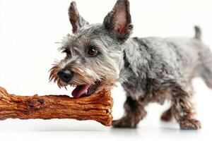 miniature Schnauzer is seen eagerly chewing on bone. dog's fur is mix of gray and black creating charming contrast against clean white background photo