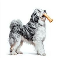 Polish Lowland Sheepdog stands in side view delicious bone in its mouth showcasing its fluffy coat and playful demeanor against pure white background photo