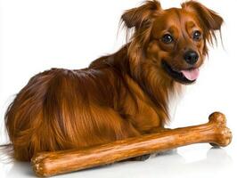 adorable Tibetan spaniel enjoys chewing on large bone showcasing its playful personality. side view captures dog's shiny coat and happy expression clearly photo