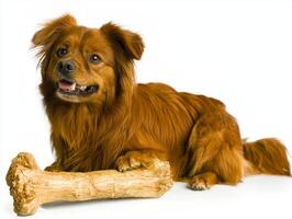 Tibetan Spaniel is happily chewing on bone while lying on clean white surface. dog's fluffy coat shines as it engages in playful activity showcasing delightful demeanor photo