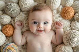 happy baby enjoys playtime on soft blanket smiling and surrounded various textured toys illuminated gentle natural light from above photo