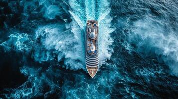 massive cruise ship powers through turbulent waters surrounded spiraling waves and heavy rain. drone shot reveals scale of storm and ship's resilience photo