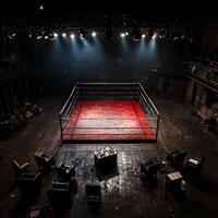 striking top down view captures empty boxing ring surrounded neatly arranged chairs and water bottles. Dramatic shadows create engaging atmosphere in venue photo