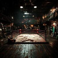 empty boxing ring displays chalk markings and footprints on canvas. Gym equipment fills surroundings illuminated soft overhead lighting in spacious gym photo